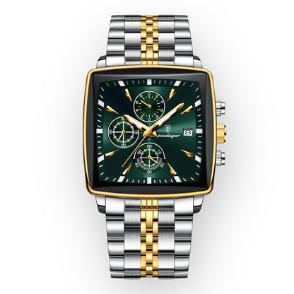 “Luxury waterproof square sport men’s watch with luminous chronograph, quartz, stainless steel.”