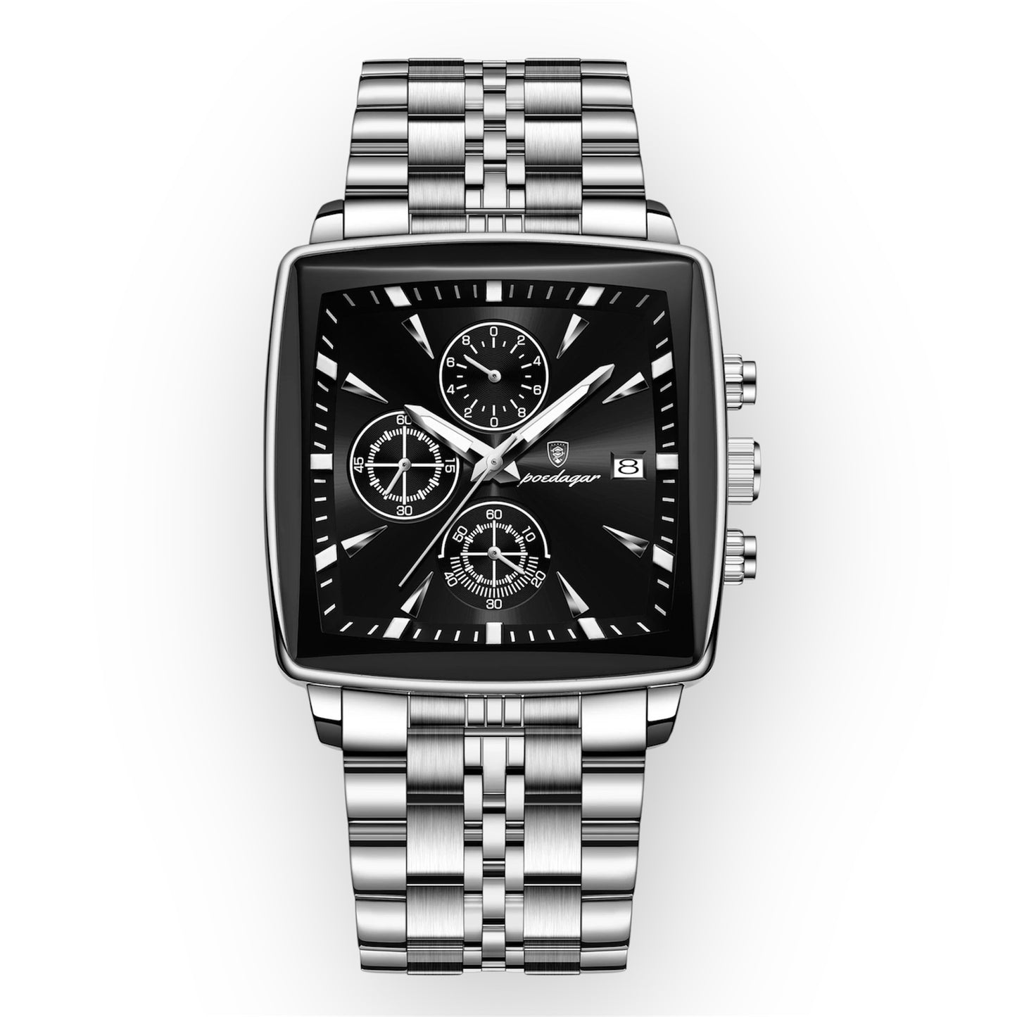 “Luxury waterproof square sport men’s watch with luminous chronograph, quartz, stainless steel.”