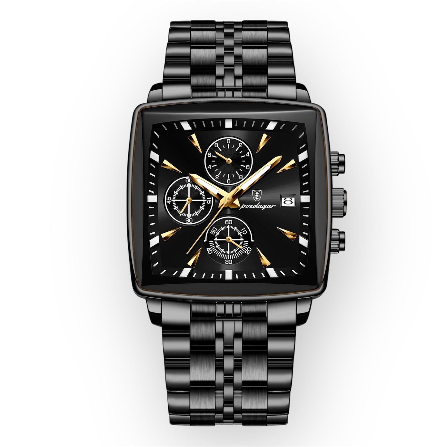“Luxury waterproof square sport men’s watch with luminous chronograph, quartz, stainless steel.”