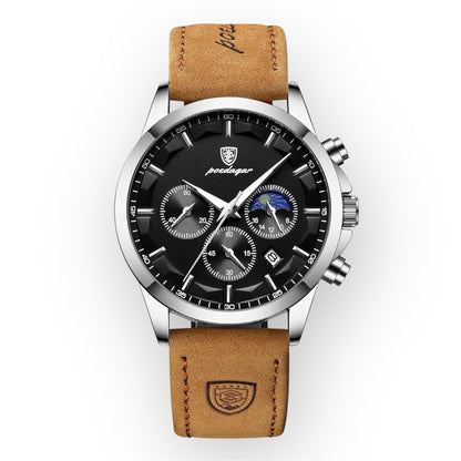 “Men’s Luxury Sports Watch: Waterproof Chronograph, Luminous Display, Business Leather Design.”