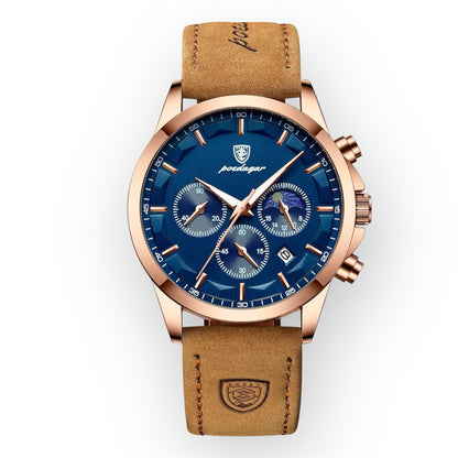 “Men’s Luxury Sports Watch: Waterproof Chronograph, Luminous Display, Business Leather Design.”