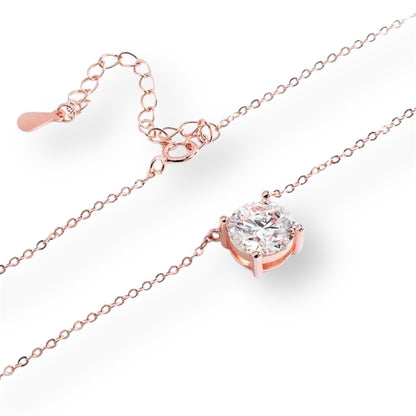 “Rose gold moissanite necklace, sparkling D color, 925 sterling silver pendant.”