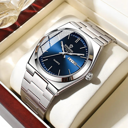 “Luxury stainless steel men’s watch, waterproof, double calendar, quartz movement.”