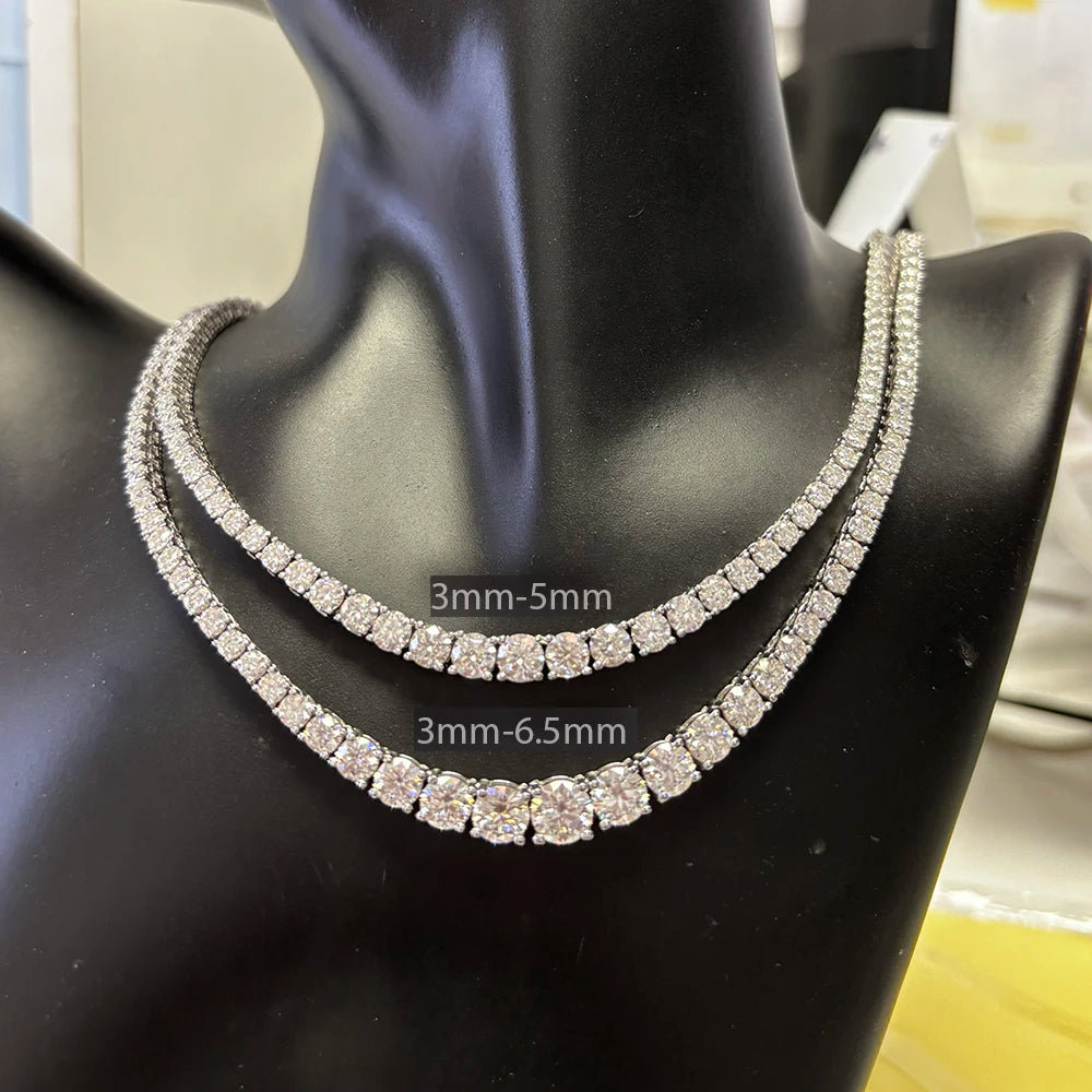 “Moissanite tennis necklace, 3-5mm gradient stones, 925 silver, certified luxury design.”