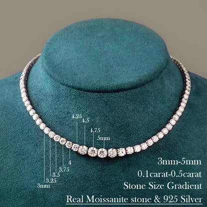 “Moissanite tennis necklace, 3-5mm gradient stones, 925 silver, certified luxury design.”