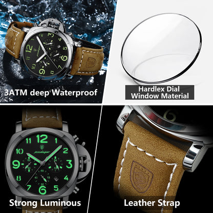 “Luxury military men’s watch, waterproof, luminous, leather strap, quartz, high quality.”