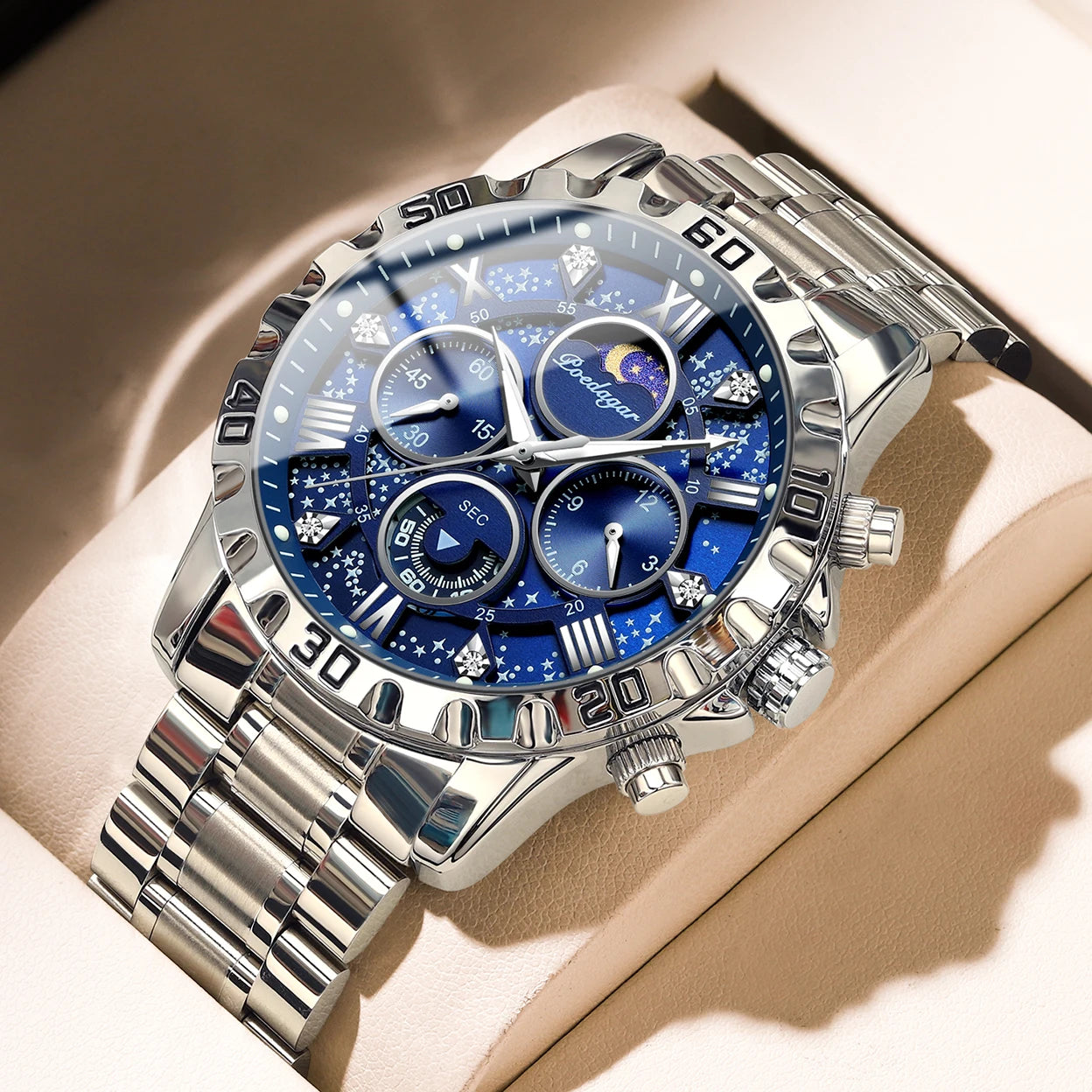 “Luxury men’s quartz sports watch, waterproof, luminous, stainless steel chronograph.”