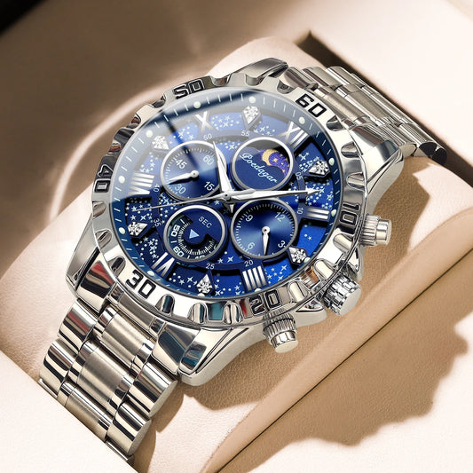 “Luxury men’s quartz sports watch, waterproof, luminous, stainless steel chronograph.”