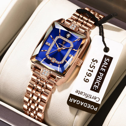 “Elegant waterproof women’s wristwatch, stainless steel, quartz, date display, stylish rectangle design.”