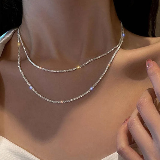 “Silver Sparkling Necklace for Women - Trendy Korean Choker Jewelry.”