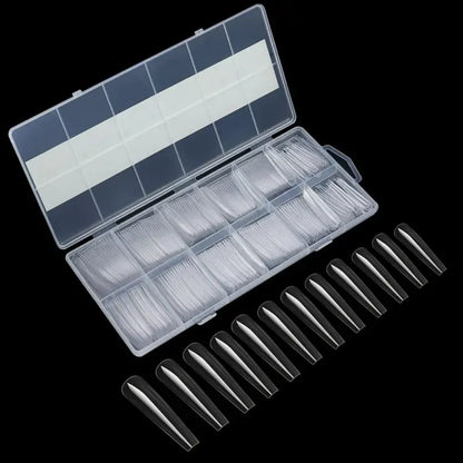 “240Pcs Clear Extra Long C Curve Nail Tips, Acrylic Gel DIY Professional Kit.”