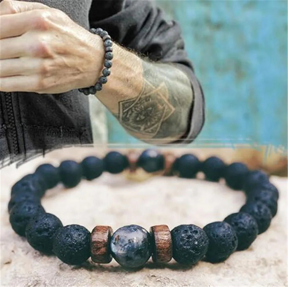 “Volcanic Stone Lava & Wooden Beads Bracelet - Tibetan Buddha Wrist Chain for Men & Women.”