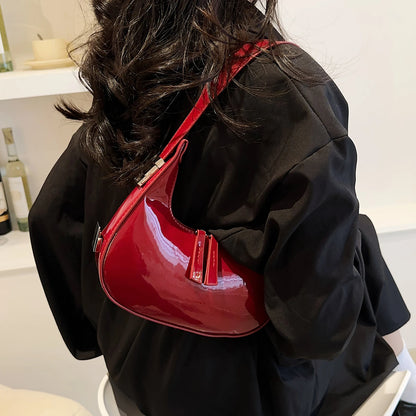 “Vintage PU leather half-moon small handbag, luxury, retro red, mini tote.”