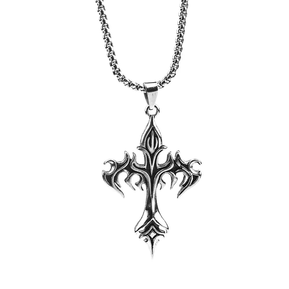 “Stainless Steel Flame Retro Cross Pendant Necklace - Titanium Steel for Men.”