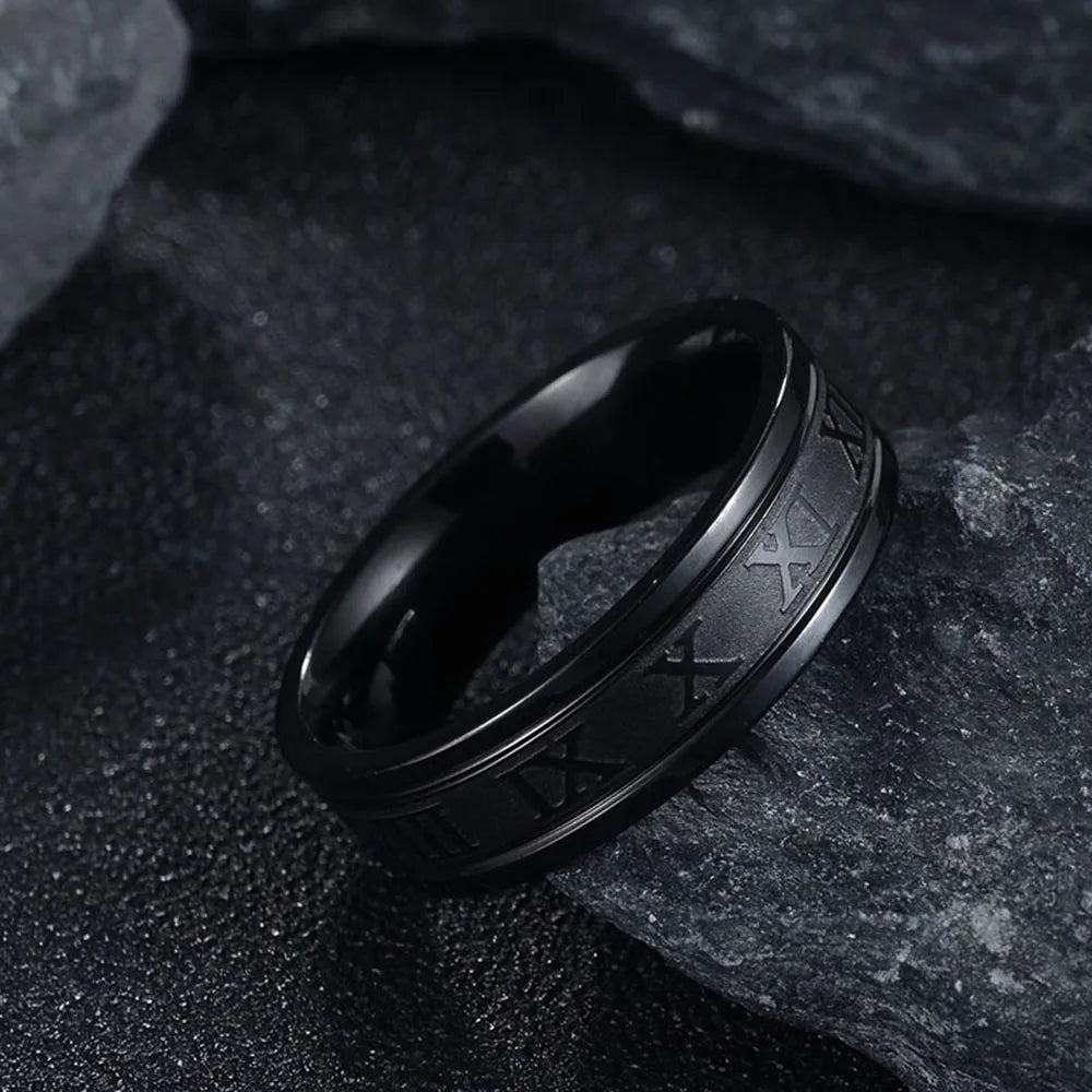 “Classic Stainless Steel Roman Digital Ring Waterproof High Quality Punk Jewelry Gift.”