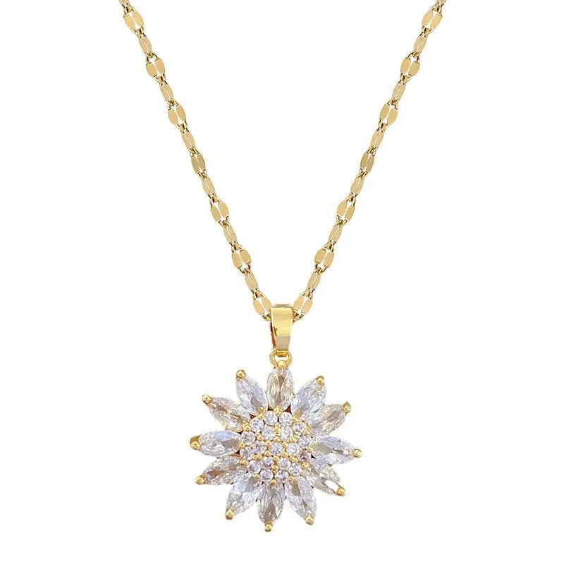 “Trendy Spin Sunflower Stainless Steel Zircon Necklace for Women, Elegant Party Gift.”