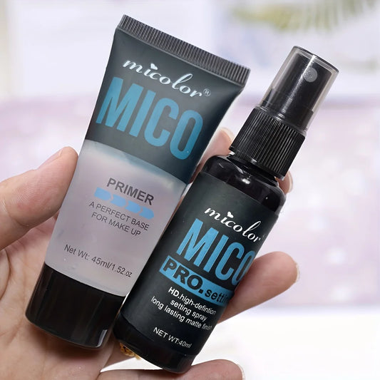 “Complete Makeup Set: Primer & Setting Spray, Invisible Pores, Long-lasting, Flawless Finish.”