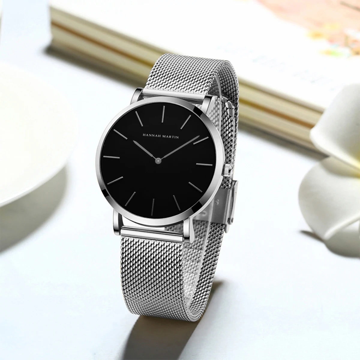 “Rose gold women’s bracelet watch, stainless steel mesh, simple, Japanese quartz.”