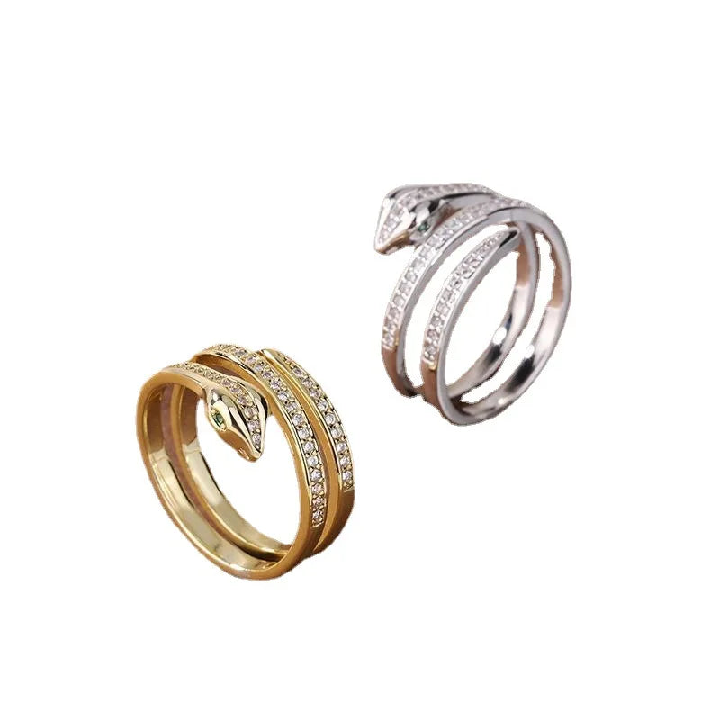 “Gold snake rings, adjustable, punk hip-hop style, stainless steel with zircon details.”
