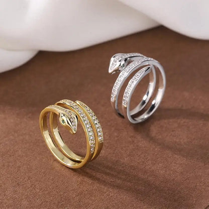 “Gold snake rings, adjustable, punk hip-hop style, stainless steel with zircon details.”