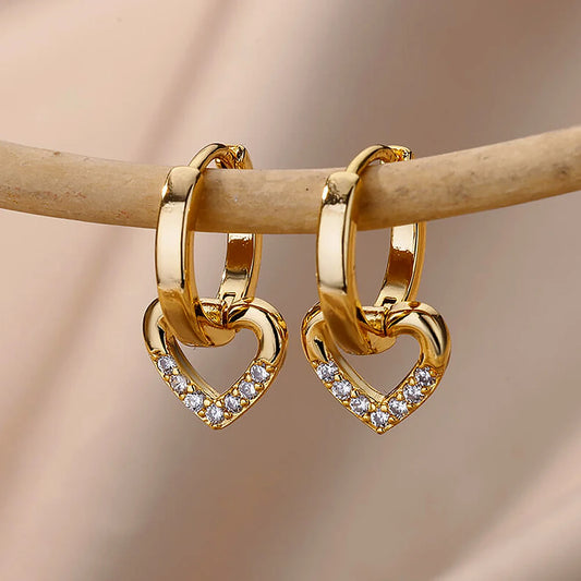 “Hollow zircon heart earrings, gold color stainless steel, luxury wedding gift .”