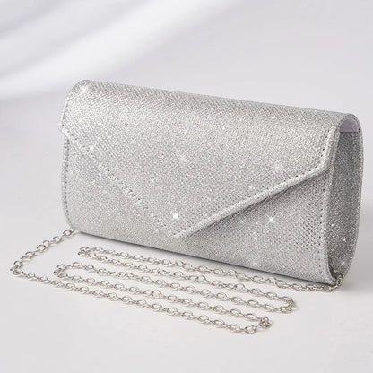 “Glitter Evening Bag for Women, Shiny Silver Party Clutch with Chain Strap.”