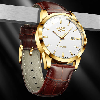 “Brown leather men’s military sports watch, waterproof, casual quartz chronograph.”