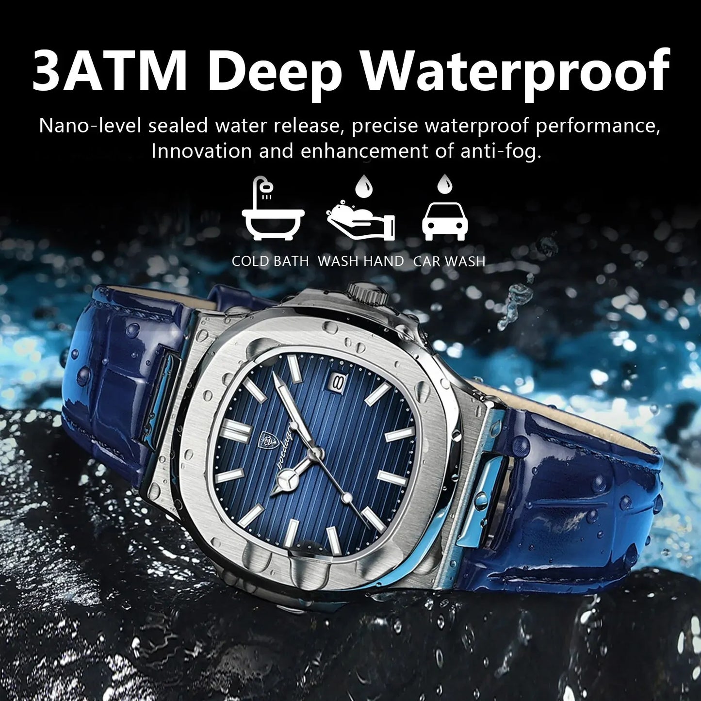 “Top Luxury Square Man Watch Date Waterproof Luminous Men’s Quartz Leather”