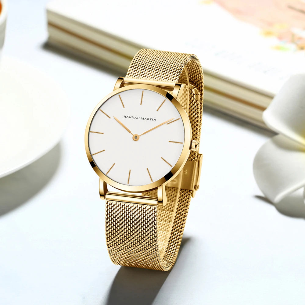 “Rose gold women’s bracelet watch, stainless steel mesh, simple, Japanese quartz.”