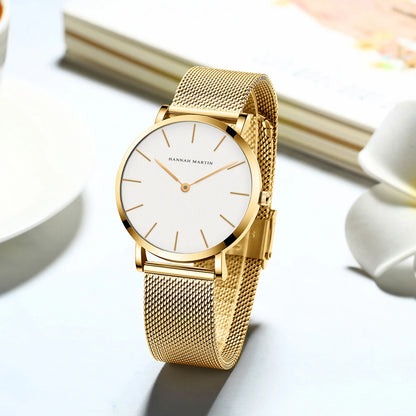 “Rose gold women’s bracelet watch, stainless steel mesh, simple, Japanese quartz.”