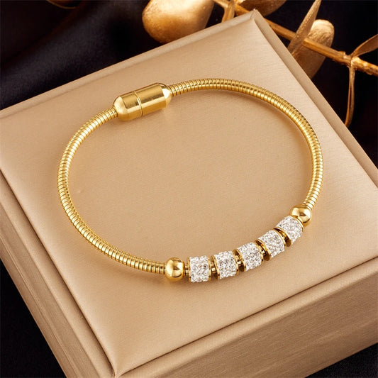 “316L Stainless Steel Gold Rhinestone Beaded Bracelet Women Fashion Magnet Clasp Jewelry”