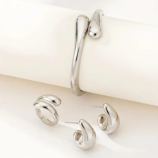 “Punk Water Drop Shaped Bracelet, Ring & Earring Set – Smooth, Versatile Fashion Jewelry for Women”