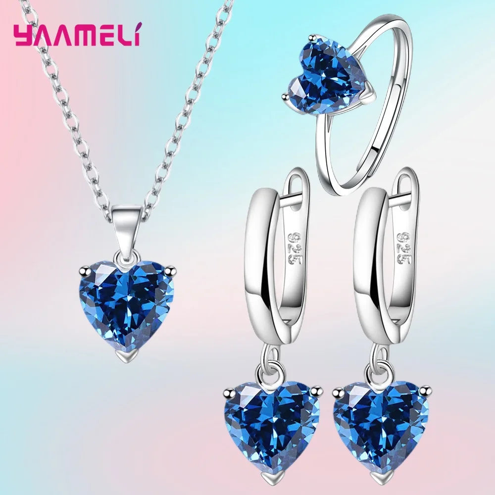 “Romantic 925 Sterling Silver Jewelry Set - Heart-Shaped Zircon Earrings, Necklace, and Ring.”