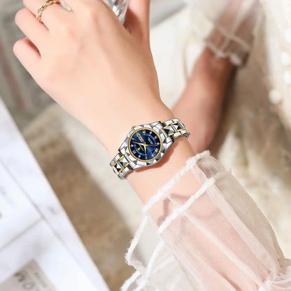 “Elegant waterproof women’s watch with luminous, week, date, stainless steel.”