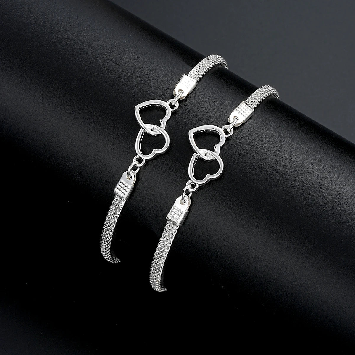 “2 Pcs Love Heart Couple Bracelets, Silver Double Layer Matching Chain Jewelry Gift.”