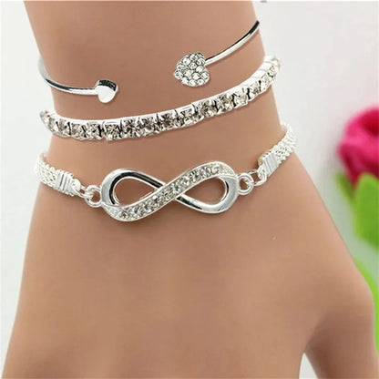 “Vintage Silver Crystal Heart Bracelet Set – Geometric Adjustable Infinity Cuff for Women”