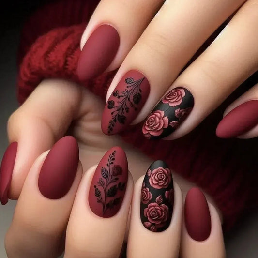 “24Pcs Matte Almond Press-On Nails – Autumn Winter Rose Leaf Design, Full Cover with Glue”