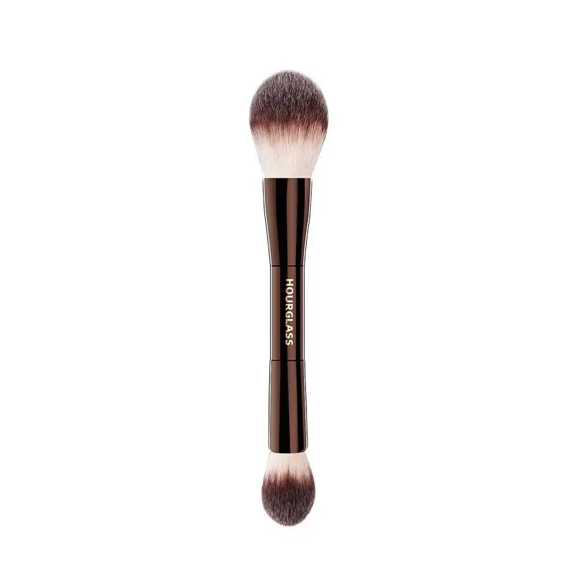 “Veil powder brush, soft fiber, double head, lightweight, perfect for smooth face makeup.”