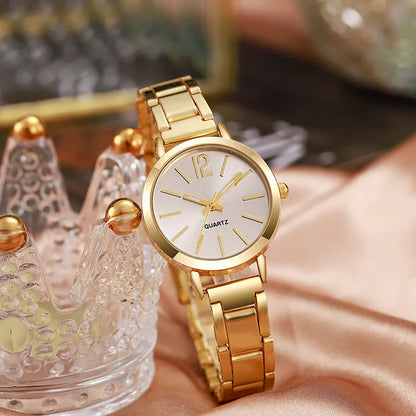 “2pcs Set Luxury Women’s Watch - Simple Dial, Hollow Strap, Gold Bracelet Quartz Wristwatch.”