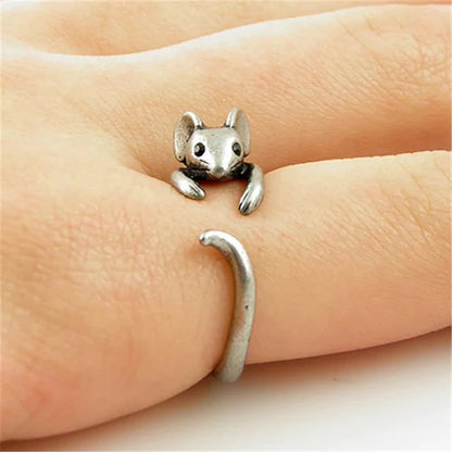 “Cute Mouse-Shaped Open Ring for Women - Antique Silver, Stylish Party Accessory.”