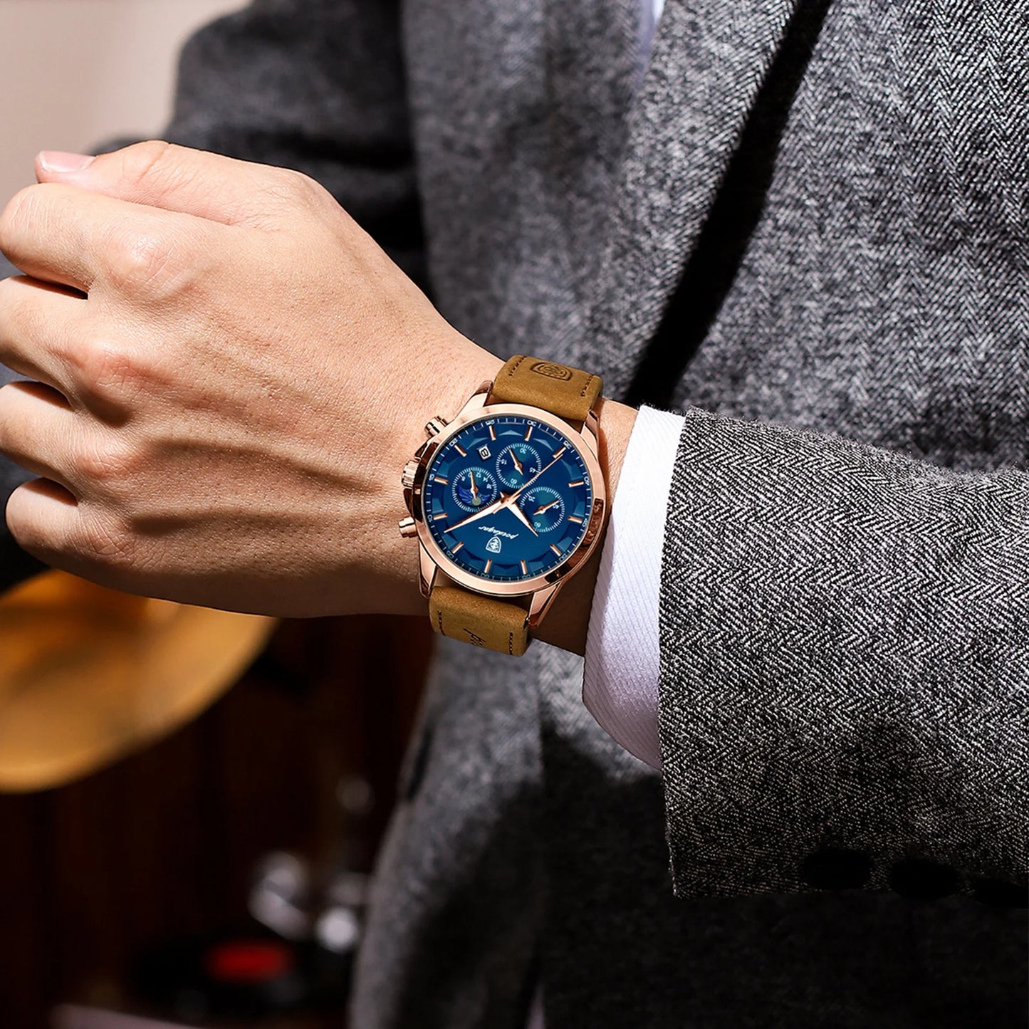 “Men’s Luxury Sports Watch: Waterproof Chronograph, Luminous Display, Business Leather Design.”