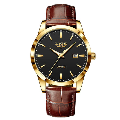 “Brown leather men’s military sports watch, waterproof, casual quartz chronograph.”