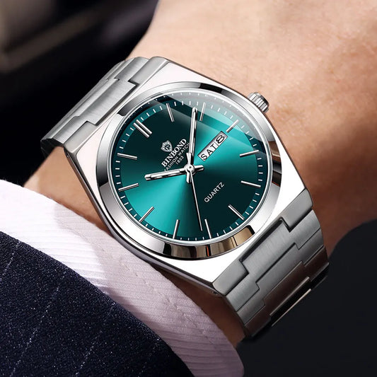“Luxury stainless steel men’s watch, waterproof, double calendar, quartz movement.”