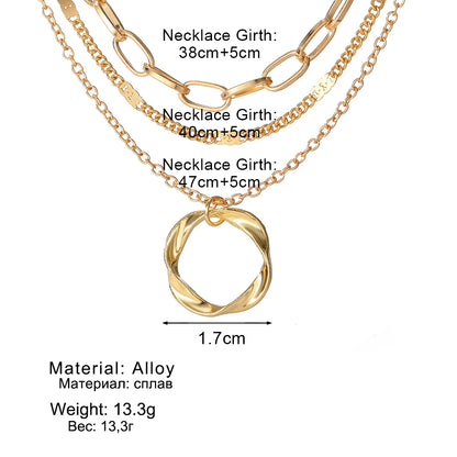 “IPARAM Gold Multi-Layered Chain Necklace – Vintage Circle Pendant, Fashion Jewelry for Women & Girls”