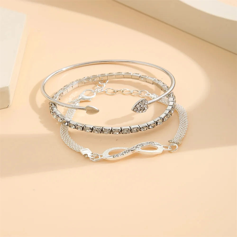 “Vintage Silver Crystal Heart Bracelet Set – Geometric Adjustable Infinity Cuff for Women”