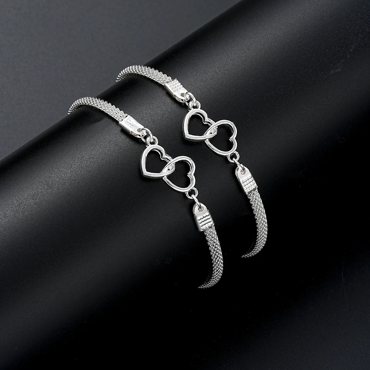 “2 Pcs Love Heart Couple Bracelets, Silver Double Layer Matching Chain Jewelry Gift.”