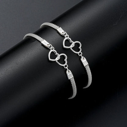 “2 Pcs Love Heart Couple Bracelets, Silver Double Layer Matching Chain Jewelry Gift.”