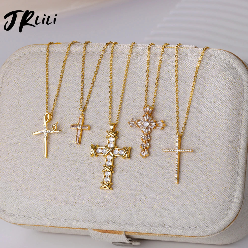 “Zircon Cross Pendant Necklace for Women - Gold Stainless Steel Jewelry.”