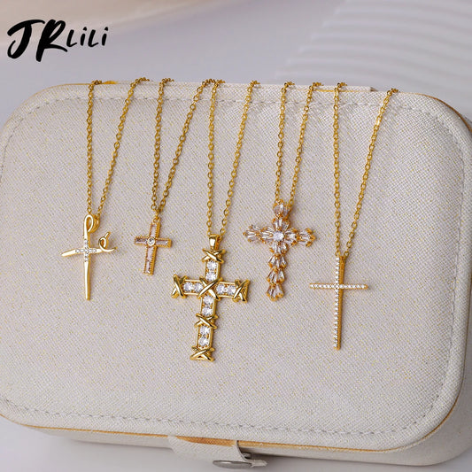 “Zircon Cross Pendant Necklace for Women - Gold Stainless Steel Jewelry.”