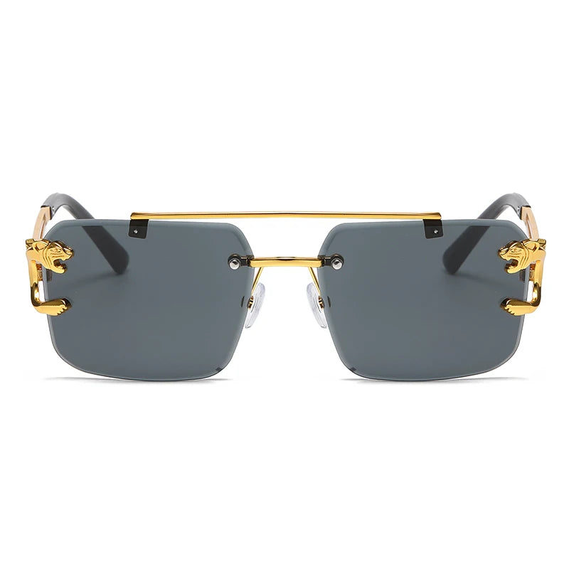 “Rimless square sunglasses with double bridge, vintage unisex fashion style.”